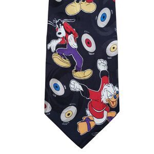 Disney Mickey Unlimted Goofy Scrooge Music Player Records Silk Neck Tie Vintage